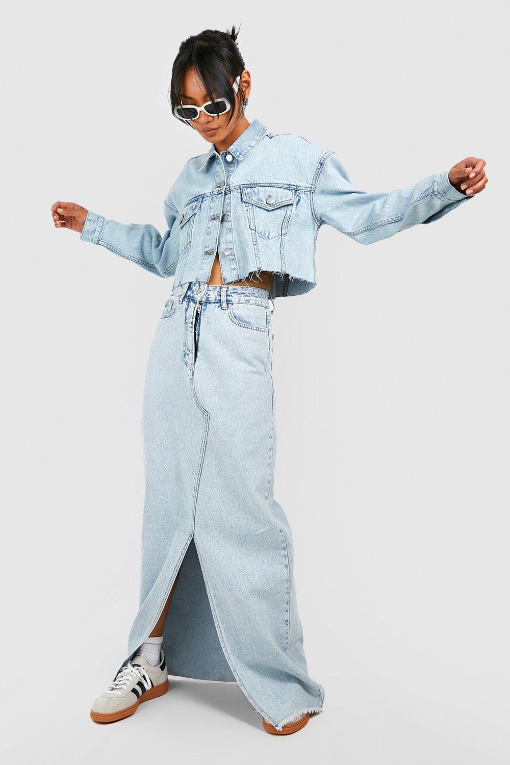 Long denim jacket on sale boohoo